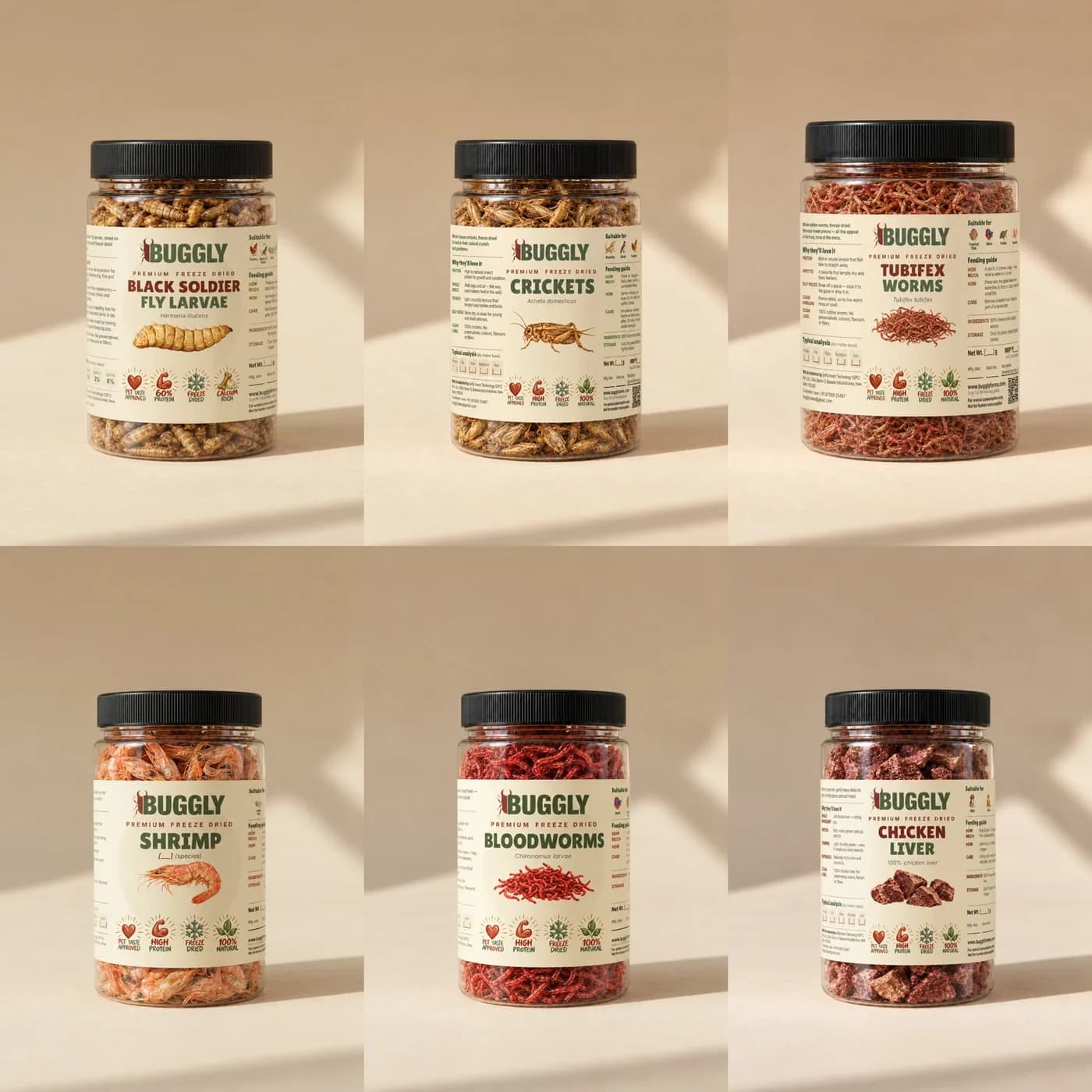 Buggly freeze-dried jars: black soldier fly larvae, crickets, tubifex, shrimp, bloodworms and chicken liver